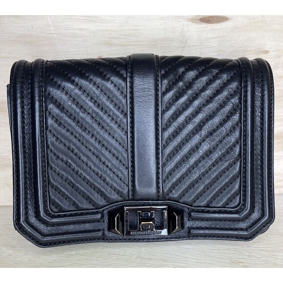 REBECCA MINKOFF Black Leather Quilted Chevron Chain Inset Strap Crossbody Purse - Picture 1 of 16